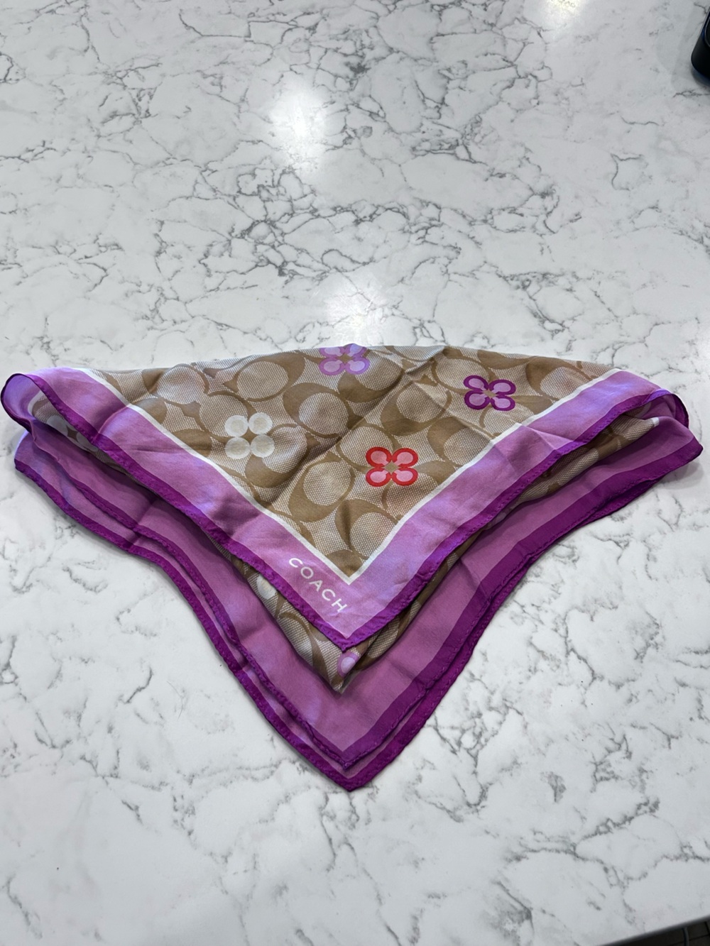 Coach 100% Silk Purple Boarder C Logo Scarf 24” X 24”